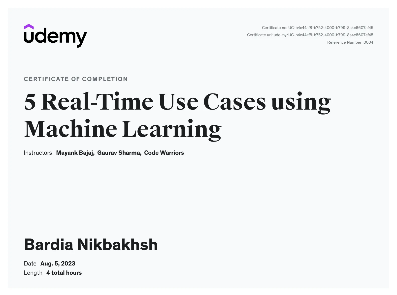 Udemy certificate: 5 Real-Time Use Cases using Machine Learning